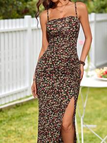 KARISMINA 度假针织热带花卉图案印花修身吊带高开叉下摆女式复古性感夏季海滩紧身连衣裙，令人印象深刻的 25 种款式 - 彩色 - 查看 5