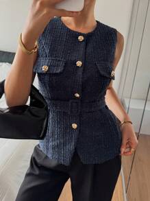 Livesso Áo ba lỗ không tay cổ tròn ôm sát mùa hè dành cho nữ - Màu xanh hải quân - Xem 1