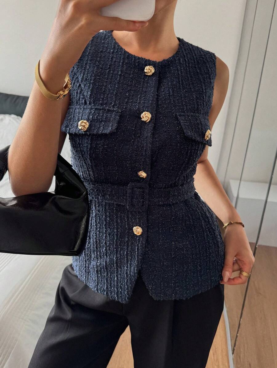 Livesso Áo ba lỗ không tay cổ tròn ôm sát mùa hè dành cho nữ - Màu xanh hải quân - Xem 1