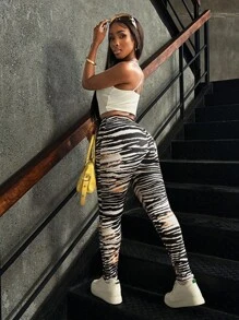 INAWLY Women's Striped Print Lace Trim Leggings Fall Cloth For Women