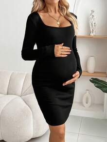 SHEIN 孕妇纯色方领长袖修身连衣裙 - 黑色 - 查看 7