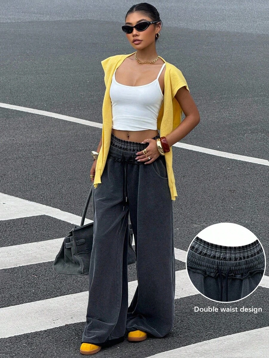 Muchica 女式休闲腰带拼接宽松高腰裤 - 黑色 - 查看 1