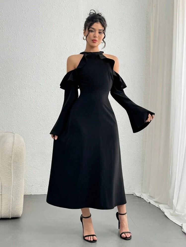 Women's Solid Color Off-Shoulder Ruffle Hem Mid-Length Dress, Autumn Long Sleeve Dress