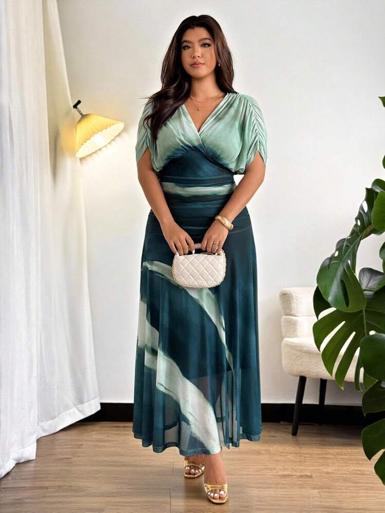 Firerie Plus Size Elegant Vacation Tie Dye Ruched V-Neck Elastic Waist Flowy Dress, Comfortable Casual, Spring/Fall,Fall Clothes For Women,Wedding Guest Dress Women - Multicolor - View 5