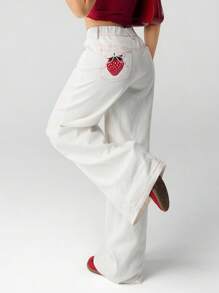 SHEIN ICON Women's Early Autumn New White Cute Heart-Shaped Strawberry Bow Embroidered Straight Leg Pants, Casual Outgoing Minimalist - White - View 4