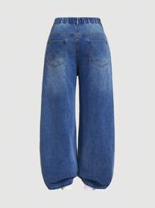 SHEIN PETITE CURVE 大码女式蓝色口袋休闲宽松直筒牛仔裤 - 中等水洗藍 - 查看 2