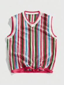 ROMWE MEN Casual 男士休闲度假街头时尚条纹针织宽松背心 - 粉色 - 查看 1