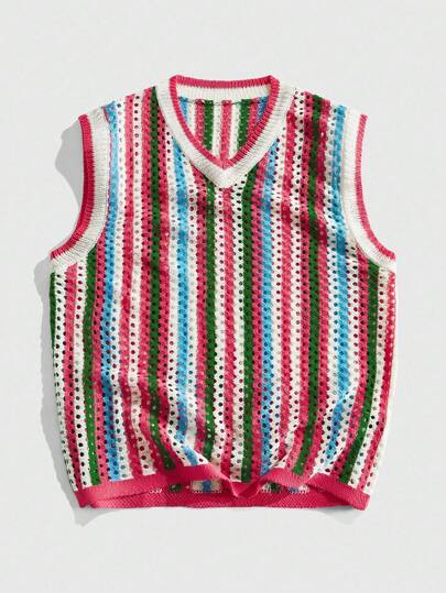 Street Life Herren Lässiges Urlaubs-Streetfashion gestreiftes Strick Loose Fit Tanktop