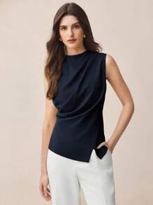 BizChic 2025 秋冬海军蓝露肩褶饰腰部衬衫，优雅现代，适合商务、休闲、办公室、约会、派对、旅行、浪漫、乡村音乐节、韩式、机场、婚礼嘉宾、生日、万圣节、圣诞节 - 藏蓝色 - 查看 6