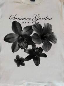 SHEIN EZwear 休闲简约垃圾摇滚复古花卉印花修身圆领短袖 T 恤女款，适合夏季、秋冬季分层穿着 - 白色 - 查看 6