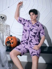 SHEIN Coupled Up Halloween Element Graphic Print Bubble Crinkle Shawl Collar Men Pajama Set  Cozy And Elegant Details - Purple - View 5