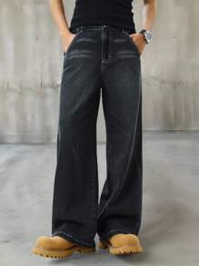 SHEIN Explorewe 青少年男孩街头时尚破洞拼接黑色豹纹侧拼接宽松阔腿松紧腰带牛仔裤 - 黑色 - 查看 4