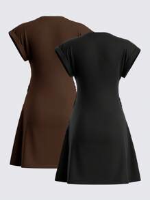 SHEIN BASICS 2件/組 女款休閒素色針織圓領短袖迷你洋裝 夏季服飾 - 咖啡 - 查看 2