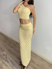 Sunnyshic 2件套女士时尚休闲度假日常斜肩毛衣套装 - 黃色 - 查看 5
