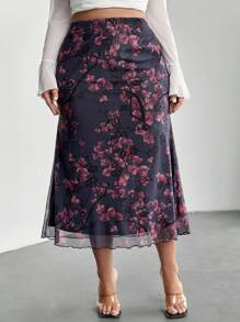 Firerie Elegant Floral Print Fitted Skirt, Plus Size - Multicolor - View 6