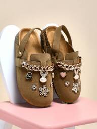 Mini mi Playful Gold Accent Charms Suede Taupe BS Clogs -All-Day Comfort From Brunch To Bookstore