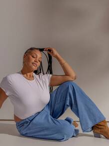 Aralina قميص قصير كاجوال بلون أحادي مقاس كبير، صيفي - لون مشمشي - مشاهدة 2