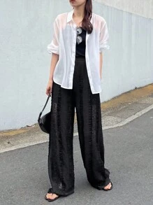 FRIFUL Women's Elastic Waist Ruffle Hem Wide Leg Loose Fashion Pants