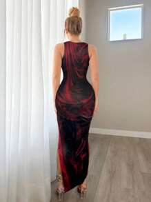 Sweetina Tie-Dye Print Sleeveless Fitted Dress - Red - View 2