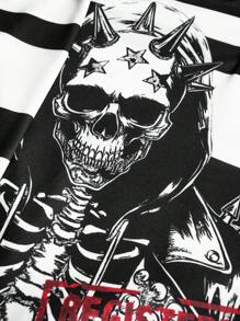 Manfinity EMRG Áo nỉ chui đầu họa tiết sọc Punk cá nhân hóa phong cách đường phố retro tối màu dành cho nam, áo khoác trùm đầu có mũ gai với đầu lâu xương, in chữ xe máy, thích hợp làm quà tặng bạn trai, trang phục đường phố mùa hè - Đen và trắng - Xem 6