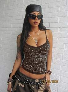StreetHx Women's Punk Style Black Rhinestone Decorated Camisole - Coffee Brown - View 1