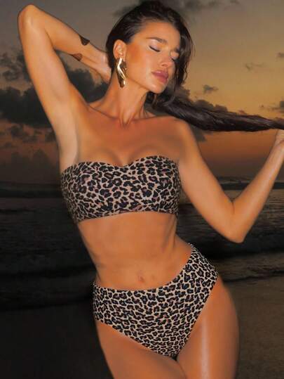 SHEIN Swim 女士性感豹纹露肩比基尼套装，适合海滩度假