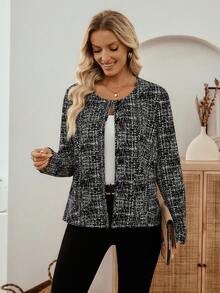 EMERY ROSE 女式格子圆领长袖单排扣口袋休闲常规夹克粗花呢夹克女士女士西装外套女士西装外套女士休闲秋冬装