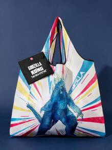 GODZILLAxKONG X SHEIN 1 件卡通图案可折叠购物袋，带小袋的手提包，配有珍珠链可挂在其他包上，适合通勤、购物、旅行，男女皆宜，轻巧便携 - 彩色 - 查看 2