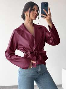 Firerie Women's Casual Elegant Wine Red Waist Tie Trench Coat Jacket/Fall Women/Winter For Women/Winter Jacket Women /Back To School /Back To School Women/Halloween/Christmas/Business Casual Women/Teacher /Club/Punk/ Techno/Old Money Style