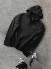 Chillumni 男士休闲简约半开超大连帽宽松休闲拼色螺纹小印花连帽衫，落肩连帽衫，图案连帽衫，男士图案连帽衫，男友礼物，男士图案连帽衫超大运动衫男士男士超大街头潮流运动衫超大连帽衫 - 黑色 - 查看 4