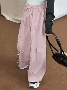 Hapijoa Tween Girls' Casual Bowknot Cargo Pants - Pink - View 4