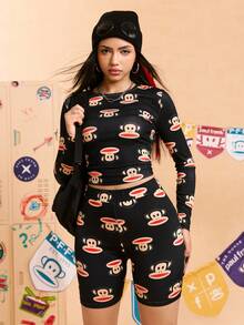 Paul Frank X SHEIN Women's High Waist Cartoon Monkey Print Cycling Shorts - Black - View 7