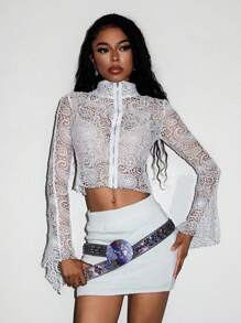Amplova Áo croptop hở lưng phong cách Hippie dành cho nữ, khóa kéo phía trước - Màu be - Xem 12
