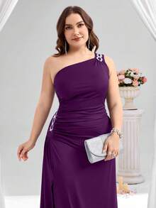 Coutiva 优雅派对水钻装饰单肩高开衩连衣裙 - 紫色 - 查看 8