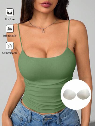 SHEIN PETITE Women's White Tight Round Neck Breathable Basic Camisole Women's Tops Braless Tank Tops