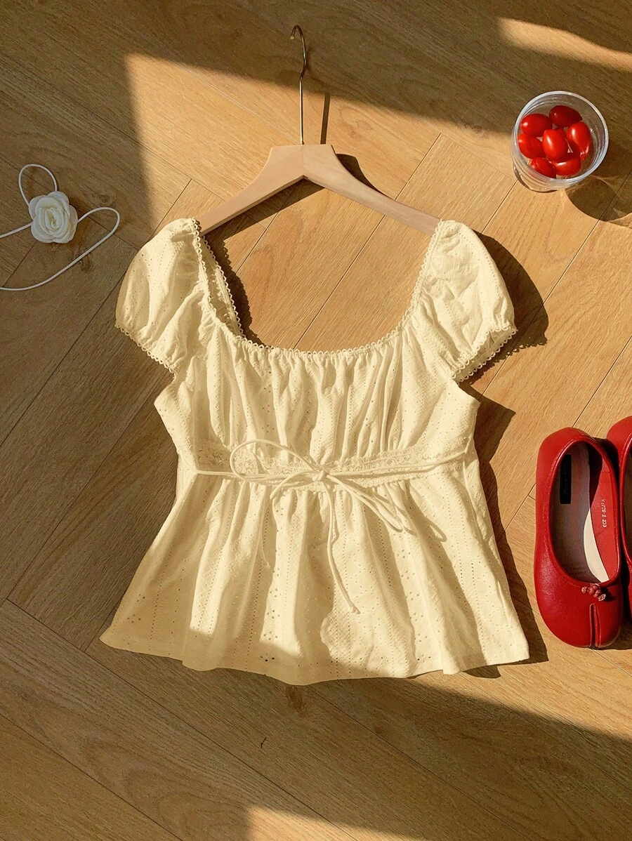 Comfortcana 女士短款泡泡袖休闲纹理褶皱细节 T 恤 - 黃色 - 查看 1