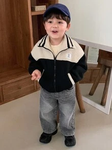 DAZY Baby Boy Letter & Lamb Wool Patchwork Contrast Color Long Sleeve Jacket Thermal Lined,Winter