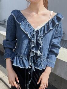 FRIFUL Women's Casual Washed Ruffle Tie Front Denim Blouse Long Sleeve Women - Blue - View 3