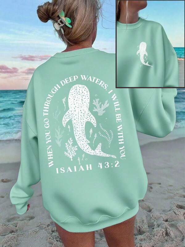 SHEIN EZwear Casual Minimalist Shark Print Pattern Crew Neck Loose Fit Thick Sweatshirt For Women, Autumn/Winter