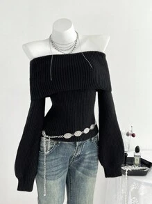 Elamini 女士纯色休闲百搭露肩长袖毛衣 - 黑色 - 查看 3