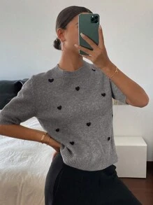 DAZY Heart Decor Loose Fit Short Sleeve Round Neck Casual Knit Top For Women, Spring/Autumn
