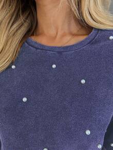 EURMUSE T-shirt à manches courtes pour femmes, col rond, avec appliqués de sequins, couleur unie, épaules tombantes - Gris foncé - Voir 6