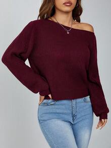 EURMUSE Pullover med sneda axlar och pit randig damtröja - Bourgogne - Visa 6