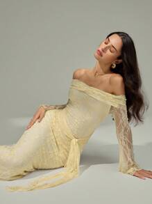 Modelyn Women's Lace Ruffle Off Shoulder Long Sleeve Fitted Elegant Dress Pale Yellow Lace Dress Off Shoulder Lace Dress Long Sleeve Lace Dress Gold Lace Dress Luxury Lace Dress,Fashionable, Casual, And Elegant Women's Autumn. Autumn Tops, Women's Shirts, Women's Corset Tops, Fashionable Back-To-Work And Back-To-School With Waist Cinching, Halloween Costumes, And Dresses For Mom. - Butter Yellow - View 2