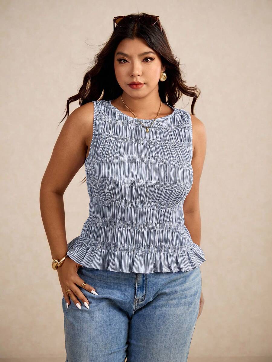 Elaquor Camiseta sin mangas con volantes y rayas para mujer de talla grande - Azul Marino - Ver 1
