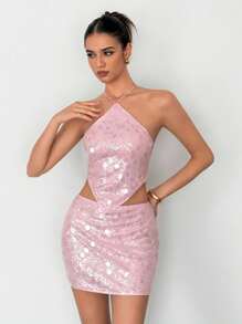 SHEIN Tall Conjunto de 2 piezas de top halter con espalda descubierta y minifalda con lentejuelas para mujer
