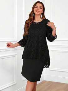 Miaspire Plus Size Women's Round Neck Long Sleeve Lace Stitching Curved Hem Double Layer Elegant Party Red New Years Dress,Winter Clothes For Women,Valentine Day