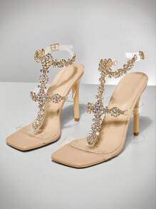 SHUZIA Rhinestone Ankle Strap Open Toe Heels For Christmas - Champagne - View 1