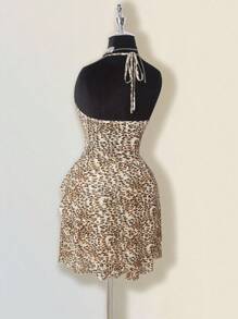 SHEIN ICON Vestido corto de mujer con tirantes finos y abertura, con estampado de leopardo