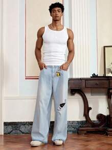 SWAVVY 男士休闲长款做旧装饰浅蓝色牛仔裤 - 藍色 - 查看 5